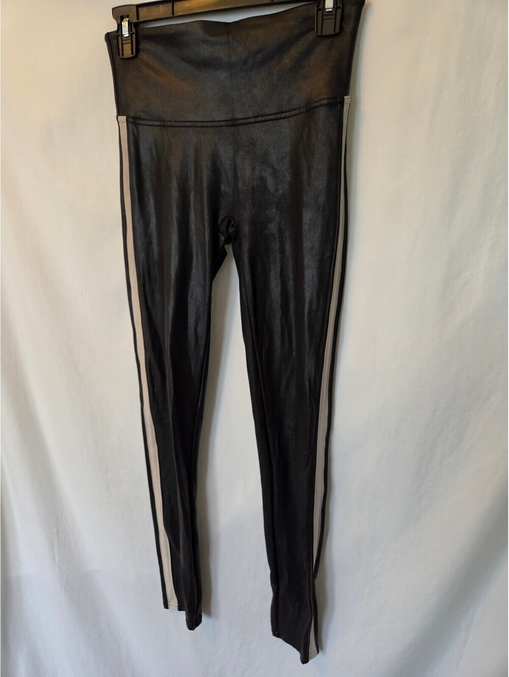 Spanx Black Faux Leather Leggings with Beige Side Stripes